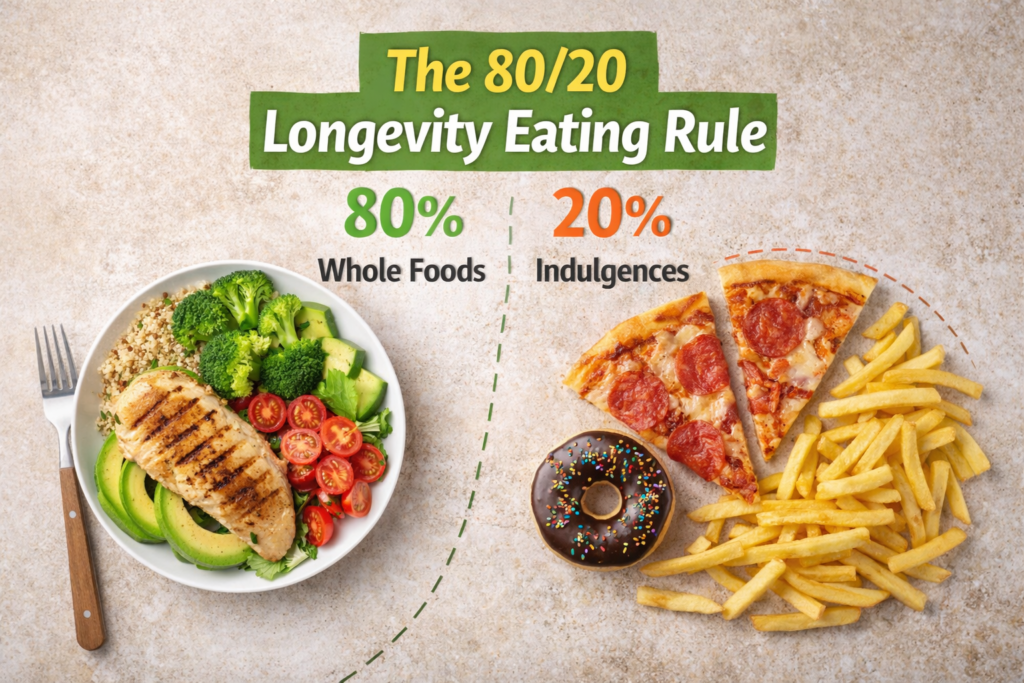 Split plate showing the 80/20 longevity eating rule, with whole foods on one side and indulgent foods on the other
