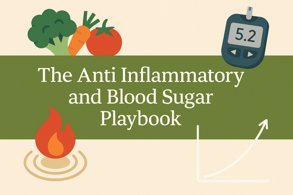 Illustration of anti-inflammatory foods, blood sugar control symbols, and a glucose monitor for healthy ageing.