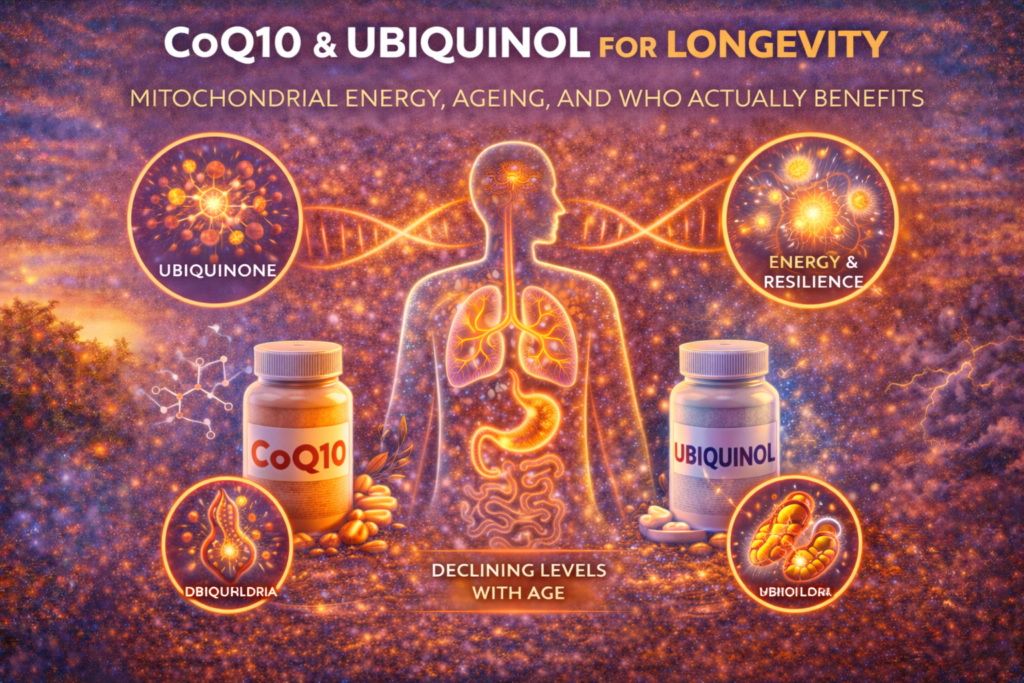 CoQ10 and ubiquinol for longevity illustrated by mitochondrial energy, cellular ageing, and declining CoQ10 levels with age