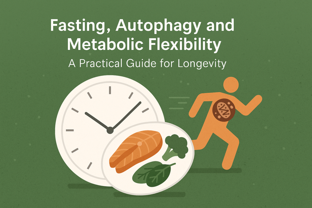 Illustration of fasting and metabolic flexibility showing a clock, a balanced meal and a runner symbolising autophagy and longevity.