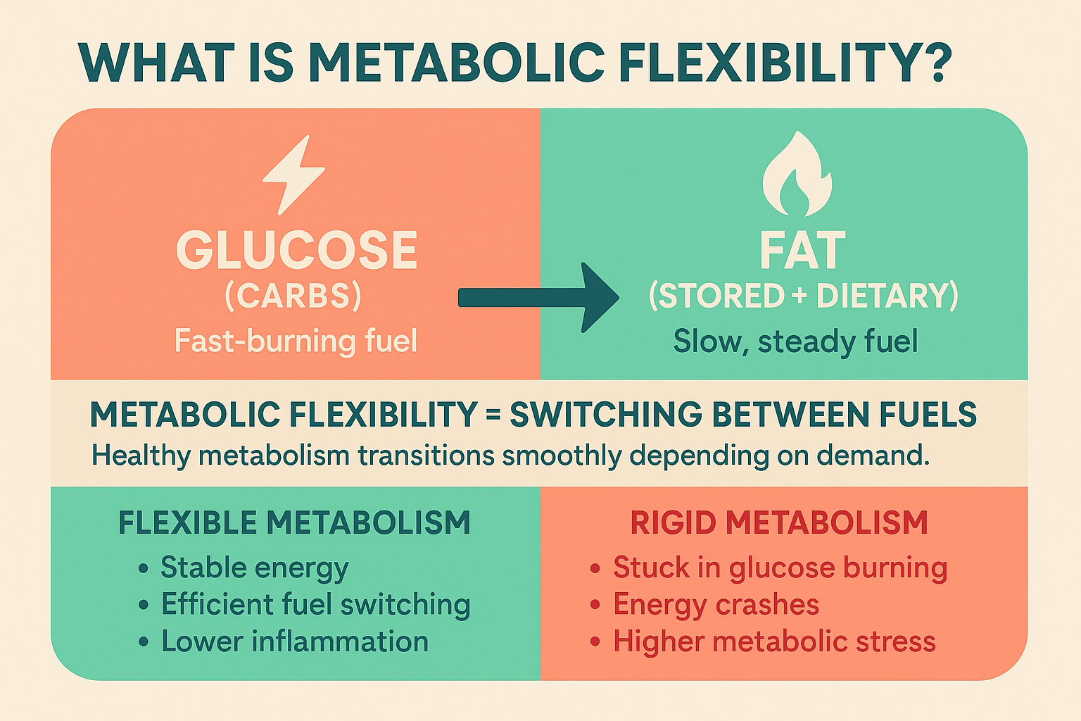 Colourful split-panel infographic explaining metabolic flexibility by comparing glucose as a fast-burning fuel and fat as a slow, steady fuel, with a central arrow showing the body’s ability to switch between them.