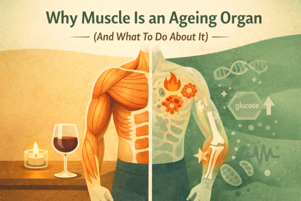 Illustrated comparison showing healthy, well-developed muscle on one side and age-related muscle loss on the other, highlighting how muscle functions as an ageing organ.