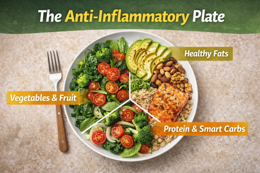 Anti-inflammatory plate showing vegetables and fruit, healthy fats, and protein with smart carbohydrates.