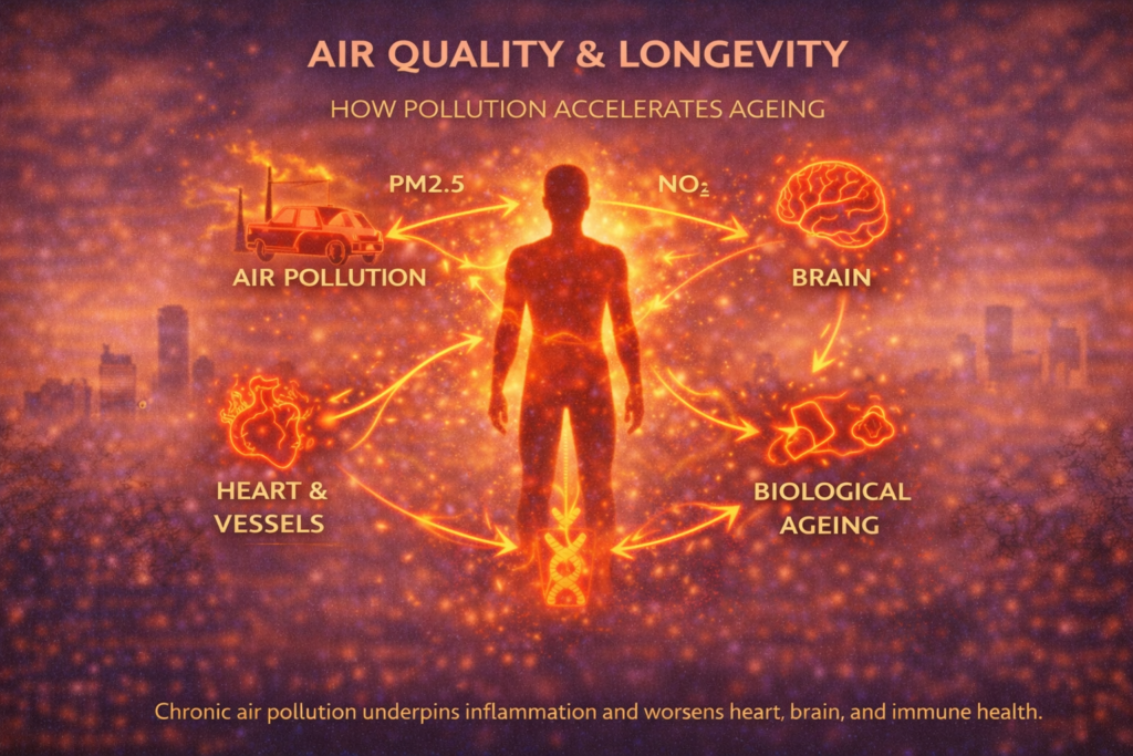 Air quality and longevity illustrated by air pollution particles affecting the heart, brain, blood vessels, and biological ageing