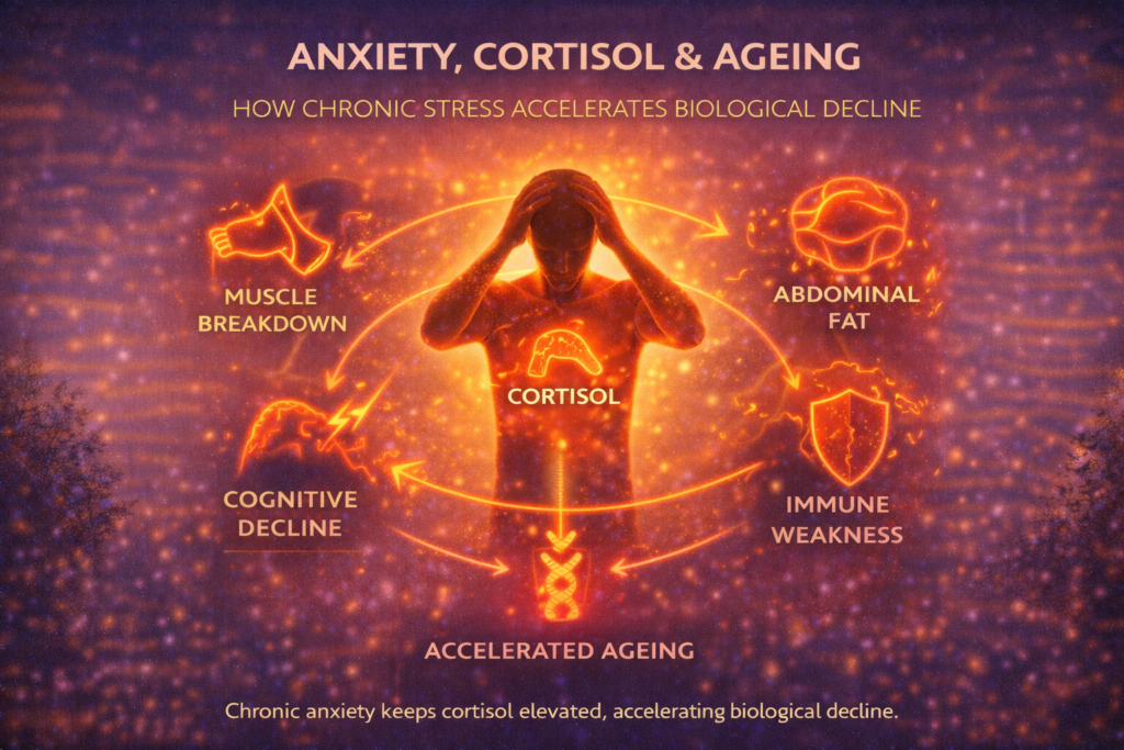 Chronic anxiety keeps cortisol elevated, accelerating ageing. Learn how stress hormones affect sleep, metabolism, and longevity.