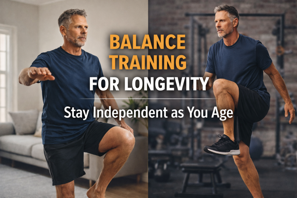 Balance training for longevity showing a middle-aged man practising single-leg balance at home and step-up balance exercises to support independence as he ages