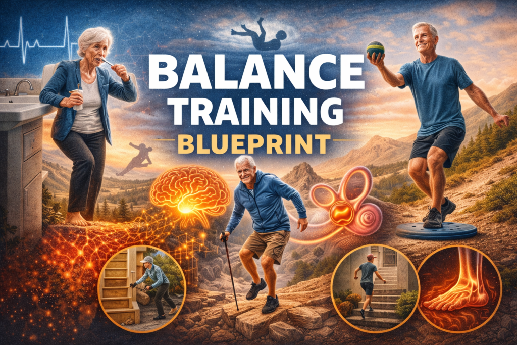 Balance training blueprint illustrating stability, nervous system health, and fall prevention for healthy ageing.