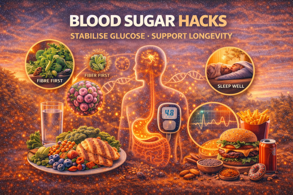 Blood sugar hacks illustrated with balanced meals, fibre-first eating, movement, sleep, and glucose stability for longevity
