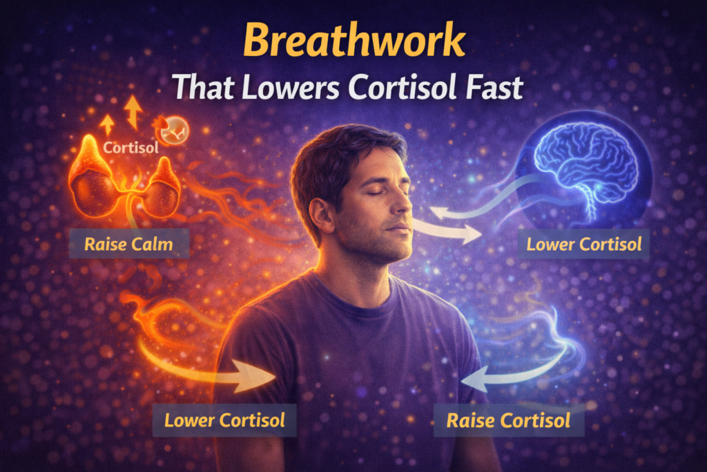Illustration showing controlled breathing lowering cortisol and calming the nervous system