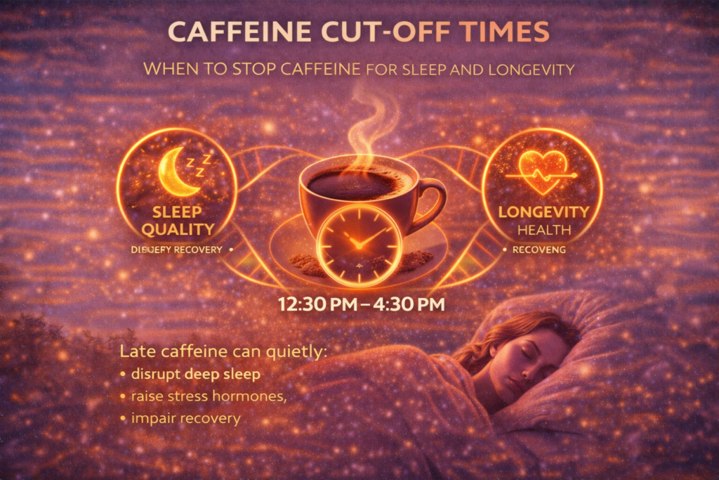 Caffeine cut-off times illustrated with a coffee cup, clock, and sleeping figure showing how late caffeine affects sleep quality and longevity