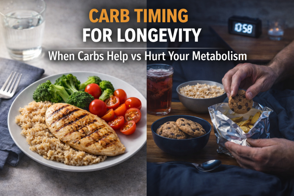 Carb timing for longevity illustrated by a balanced daytime meal contrasted with late-night carbohydrate snacking, showing how meal timing affects blood sugar and metabolism