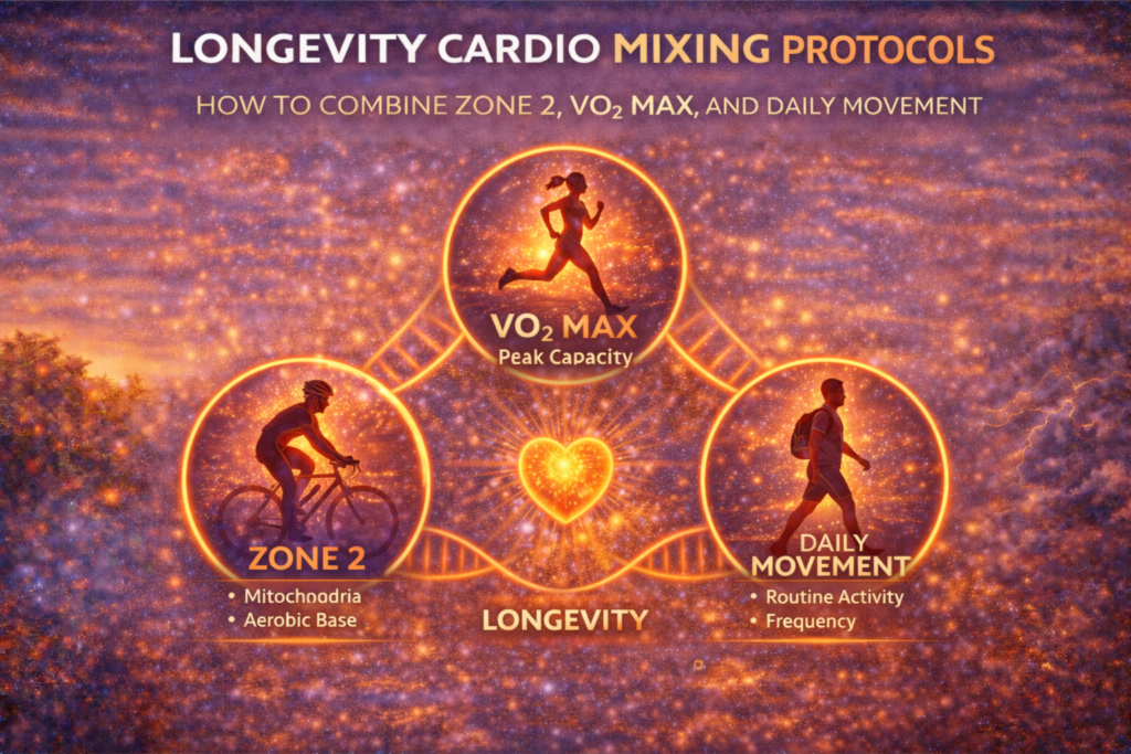Longevity cardio mixing protocols illustrated by Zone 2 training, VO₂ max intervals, and daily walking for long-term heart health