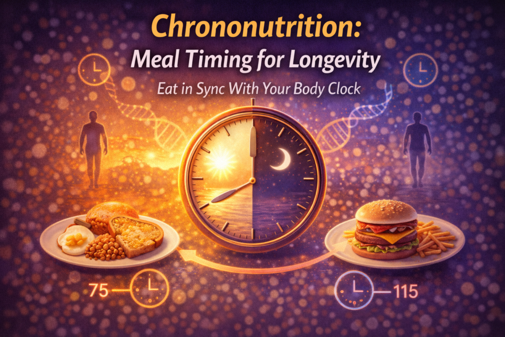 Illustration showing a clock split between day and night with meals placed earlier and later, representing chrononutrition and meal timing for longevity.