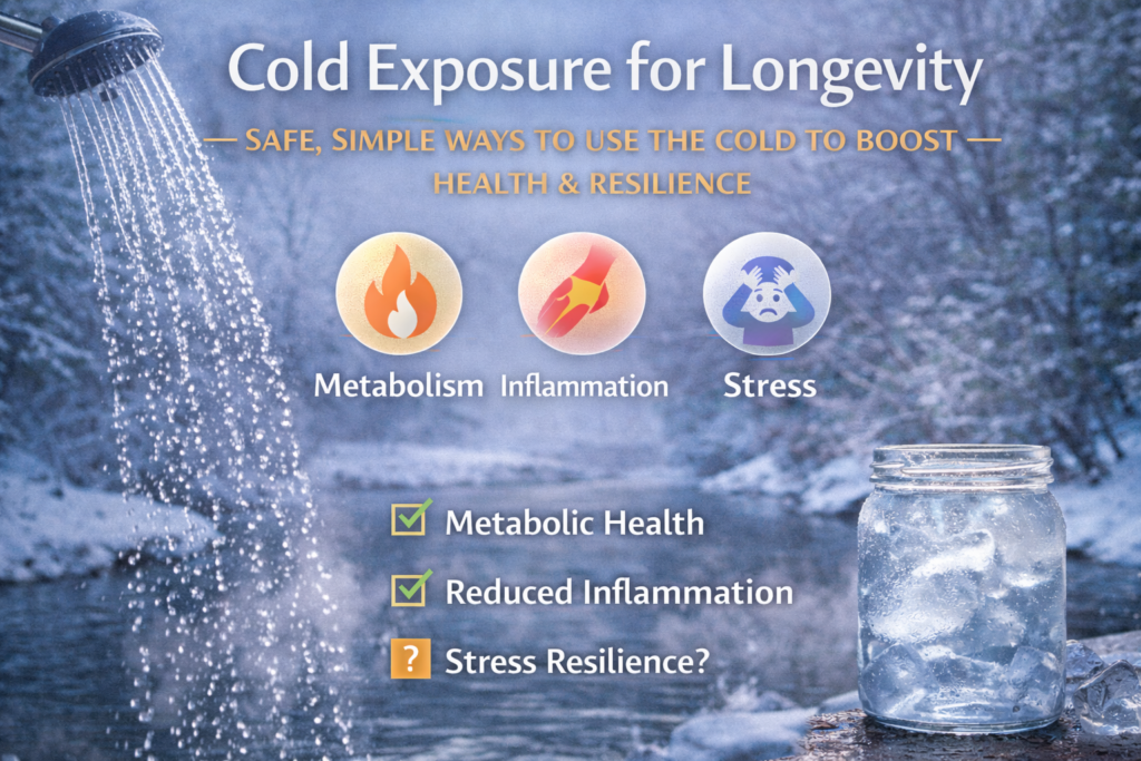 Cold exposure for longevity featured image showing a cold shower, icy water and winter landscape with icons for metabolism, inflammation and stress resilience