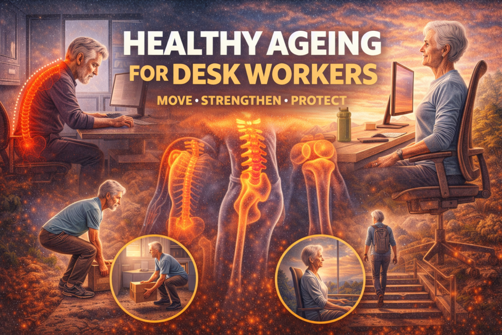Healthy ageing for desk workers illustrated through posture, movement, and ergonomic work habits