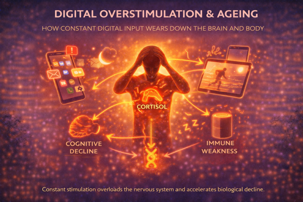 Digital overstimulation and ageing illustrated by a stressed human silhouette surrounded by glowing devices, elevated cortisol, and accelerated biological decline