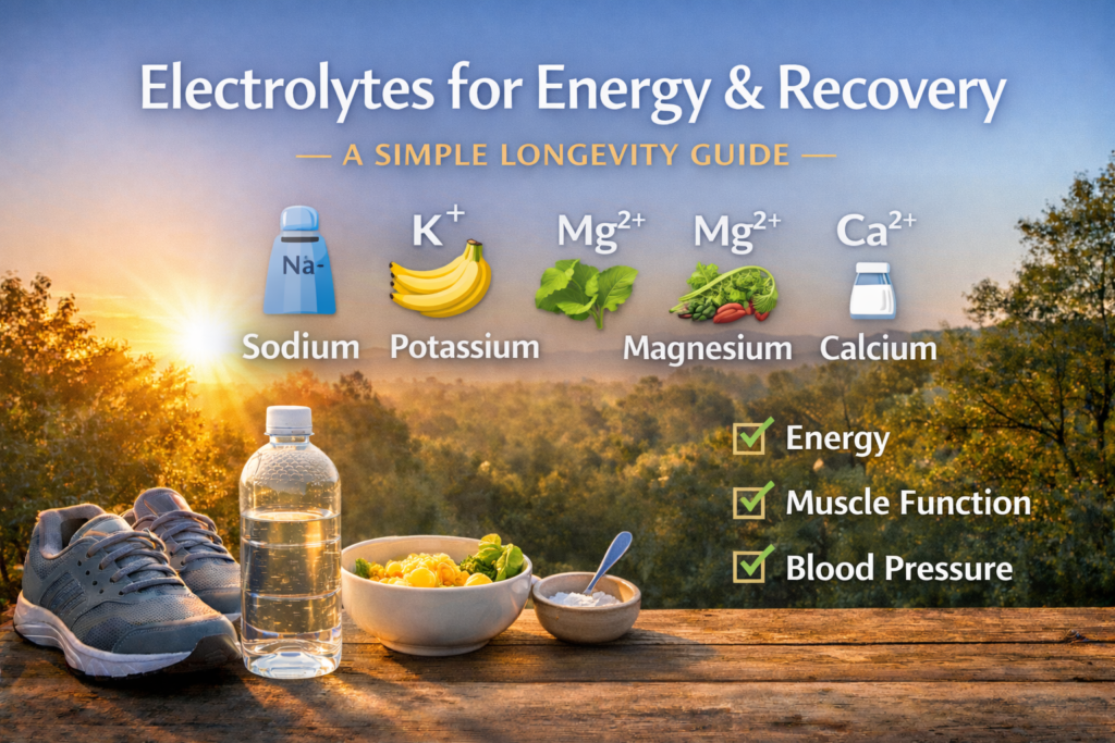 Electrolytes for energy and recovery showing water, walking shoes, whole foods and key minerals like sodium, potassium, magnesium and calcium at sunrise