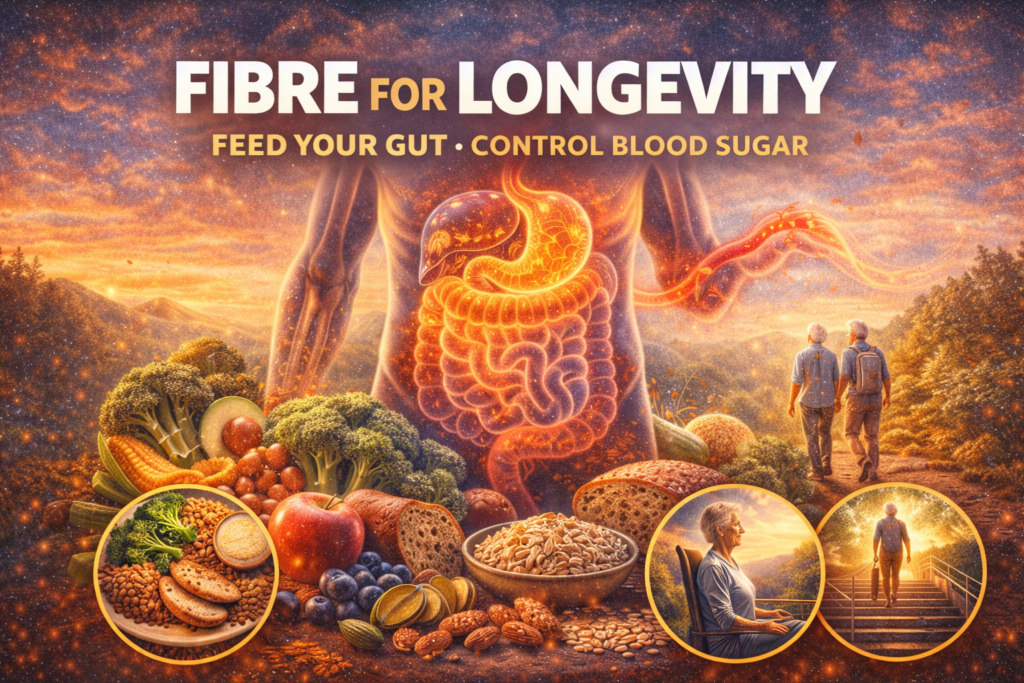Fibre for longevity illustrated through gut health, blood sugar control, and fibre-rich whole foods