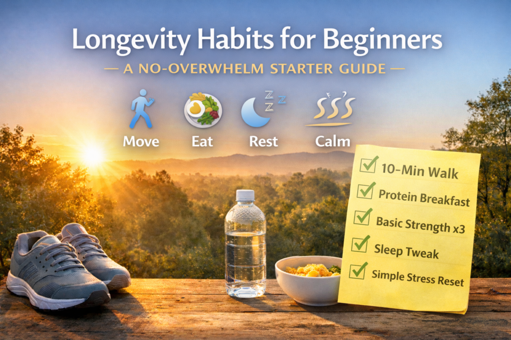 Longevity habits for beginners showing walking shoes, water, a simple breakfast and a checklist of daily health habits at sunrise