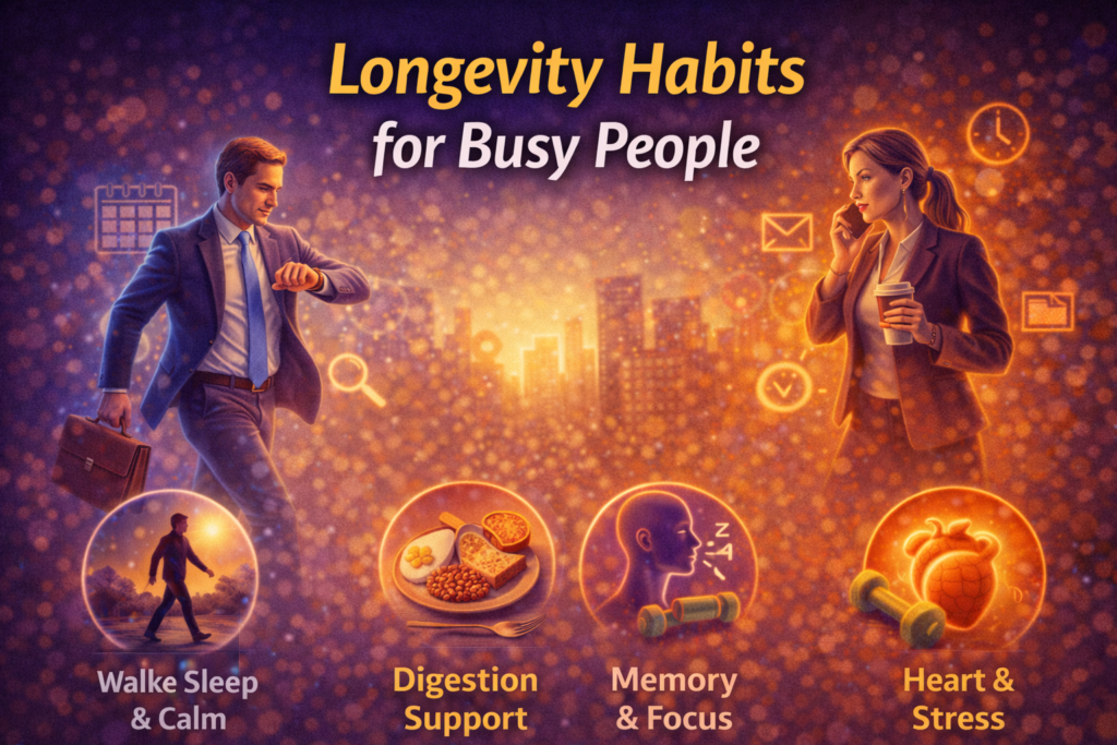 Illustration representing longevity habits for busy people.