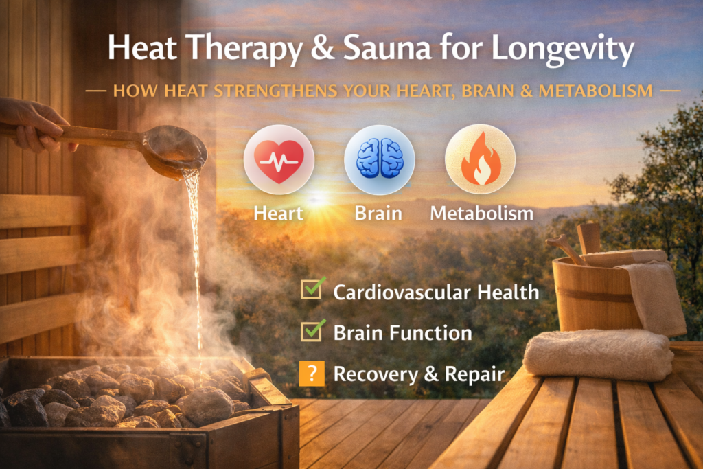 Heat therapy and sauna for longevity showing a traditional sauna with steam, hot stones and icons representing heart, brain and metabolic health at sunset