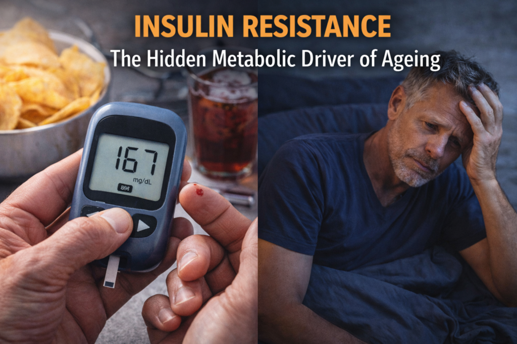 Insulin resistance illustrated by a blood glucose monitor showing elevated blood sugar alongside a fatigued middle-aged man, representing metabolic dysfunction and accelerated ageing
