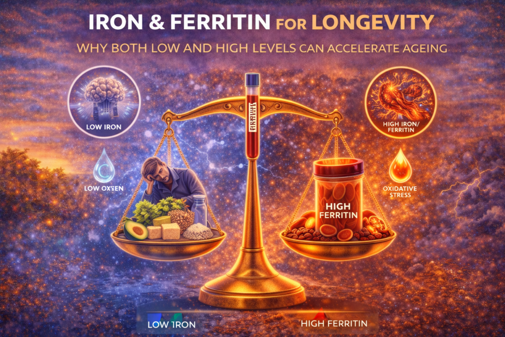 Iron and ferritin for longevity illustrated by a balance scale showing the risks of low iron and high ferritin on ageing, energy, and inflammation