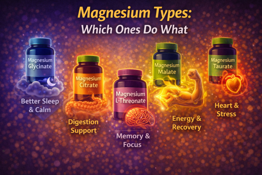 Illustration comparing different magnesium types and their effects on sleep, digestion, brain function, energy, and heart health.