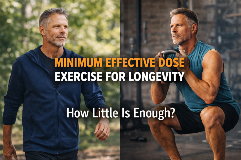 Minimum effective dose exercise for longevity showing a middle-aged man walking outdoors and performing a kettlebell squat, illustrating simple, time-efficient workouts for long-term health