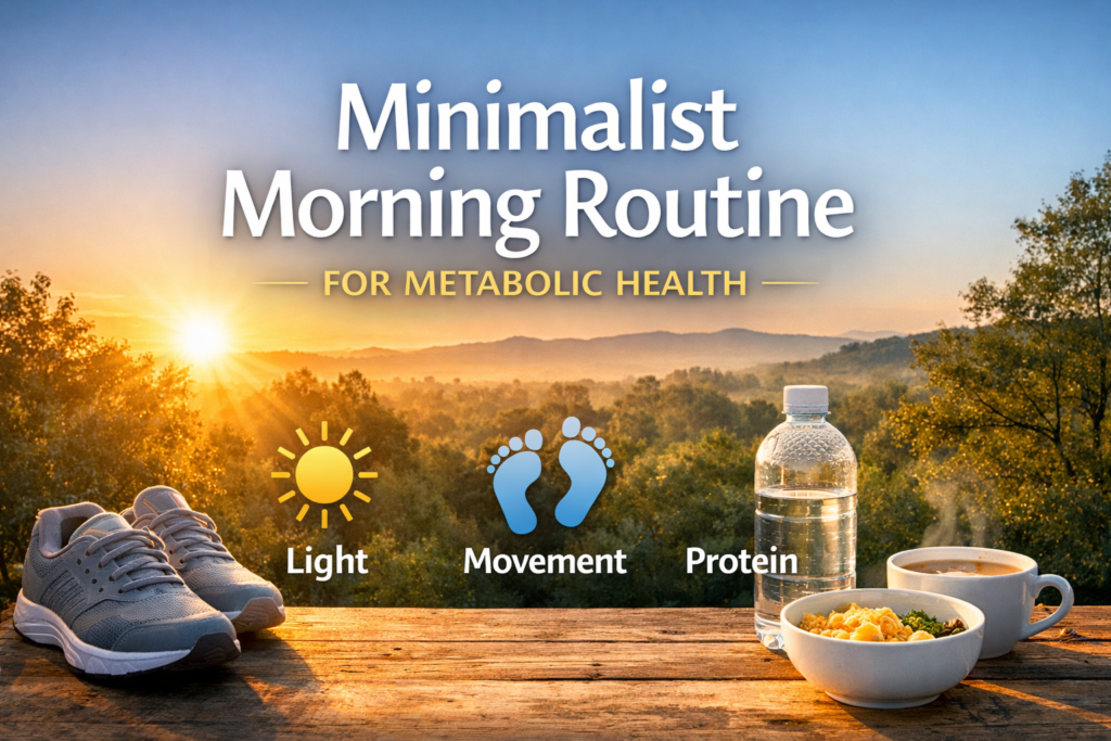Minimalist morning routine for metabolic health with natural light, gentle movement and a simple breakfast setup