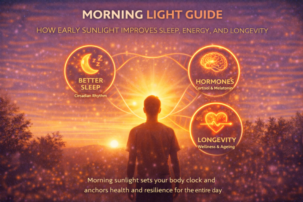 Morning light exposure illustrated by sunlight entering the eyes, supporting circadian rhythm, sleep timing, and longevity
