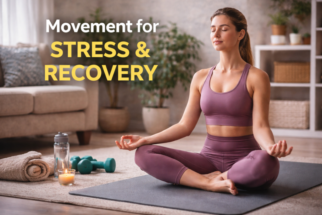 Person practising calm seated yoga and breathing at home, illustrating gentle movement for stress reduction and recovery.