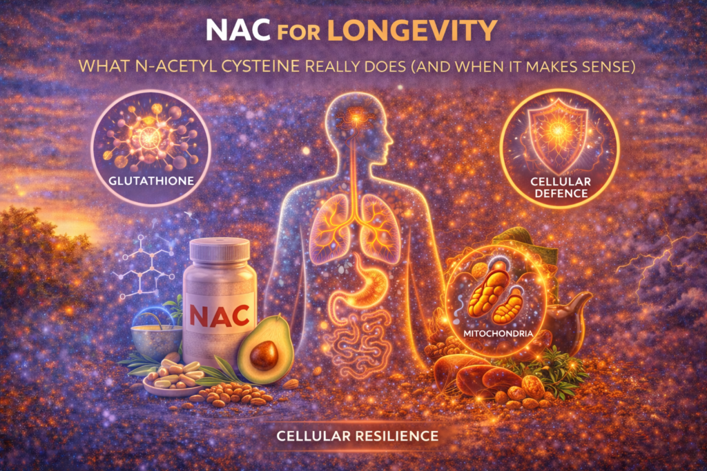 NAC for longevity illustrated by glutathione support, cellular defence, and reduced oxidative stress
