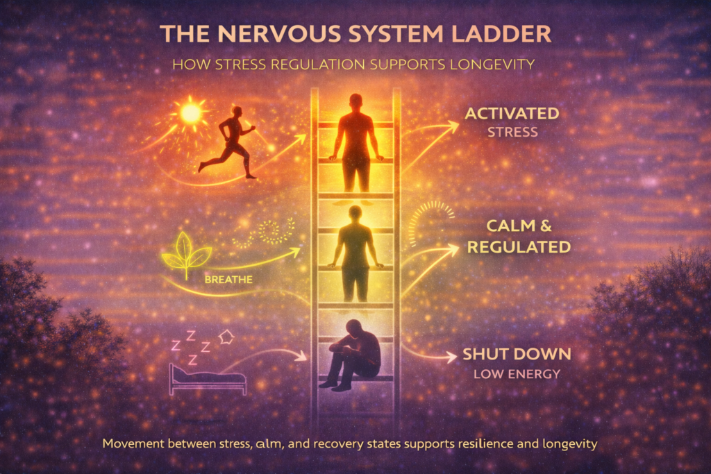 Nervous system ladder illustrated by movement between stress, calm, and recovery states to support longevity