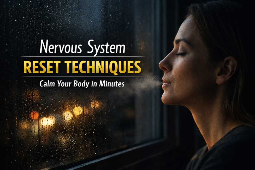 Nervous system reset techniques featured image showing calm breathing by a window to reduce stress and restore balance