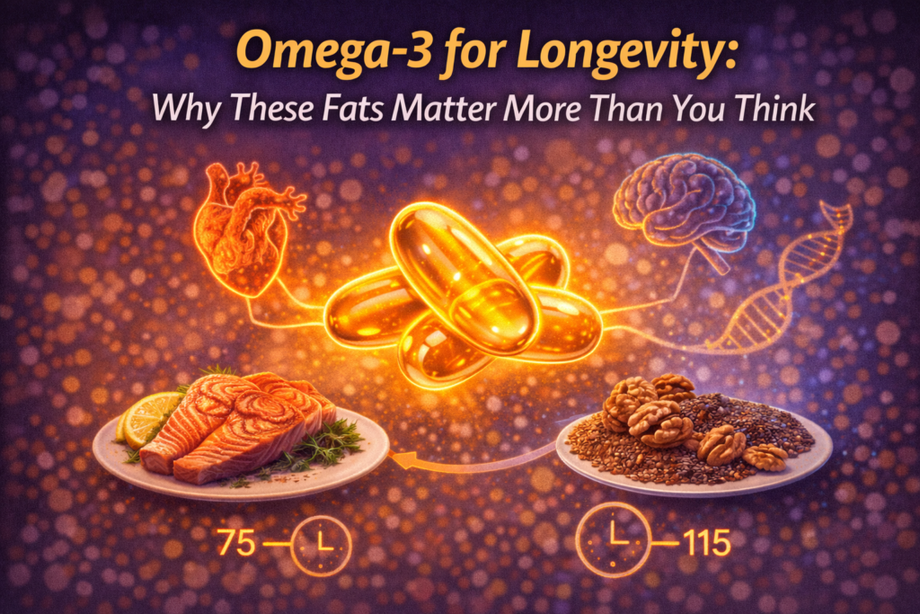Illustration showing omega-3 capsules with heart, brain and DNA icons, alongside fish and plant food sources.