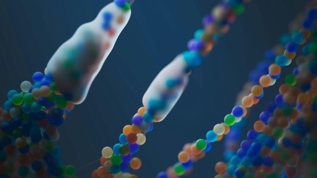 Abstract colourful representation of DNA strands, illustrating science and genetics.