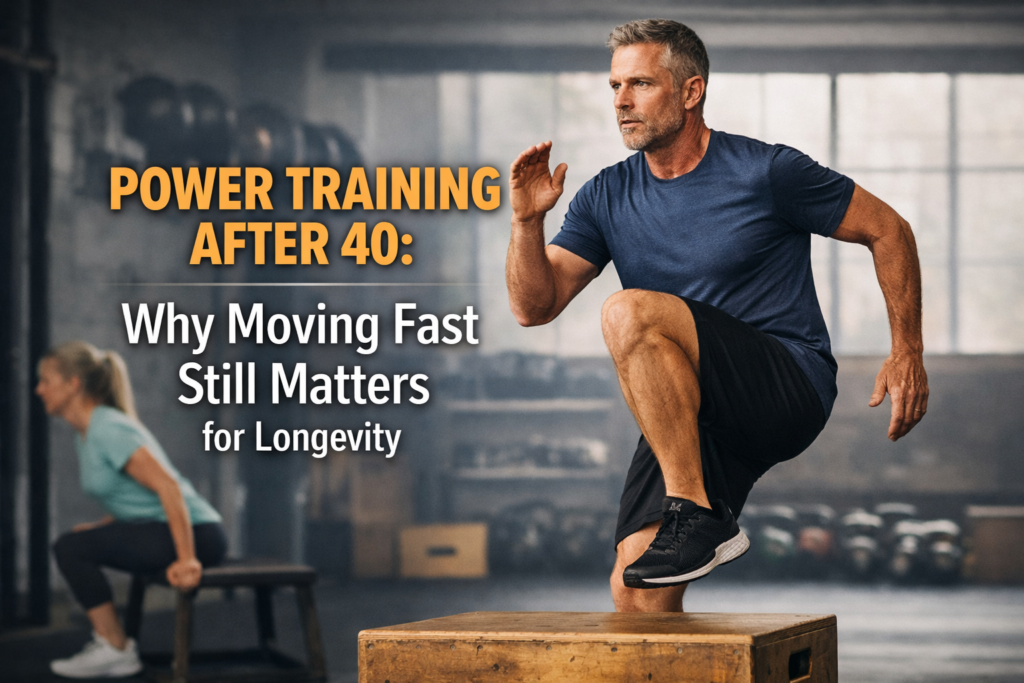Power training after 40 showing a middle-aged man performing a fast step-up exercise to improve strength, balance and longevity