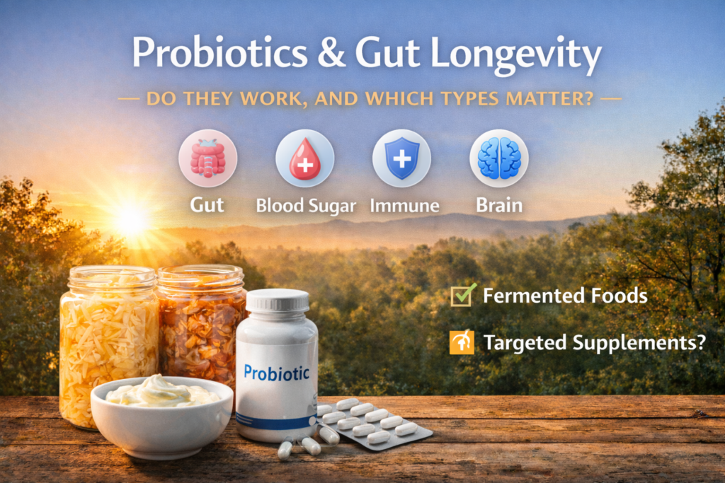 Probiotics and gut longevity featured image showing fermented foods, yoghurt and probiotic supplements with icons for gut, blood sugar, immune and brain health at sunrise