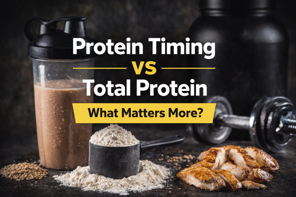 Protein timing versus total protein concept image showing a protein shake, scoop of protein powder, grilled chicken and a dumbbell, illustrating nutrition and strength training priorities.