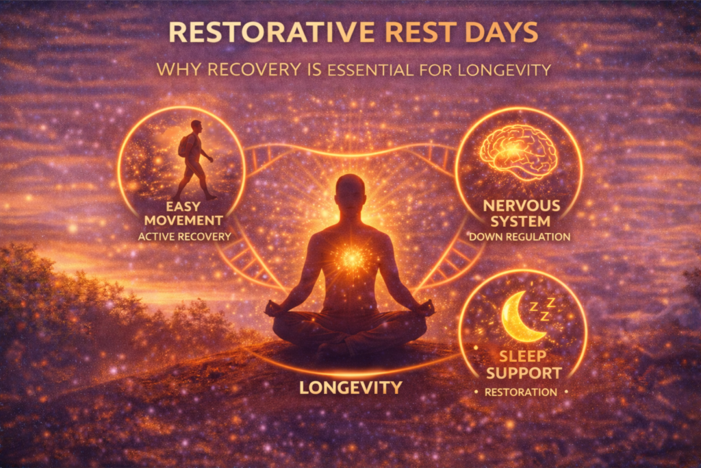 Restorative rest days illustrated by meditation, easy movement, nervous system calming, and sleep support for longevity
