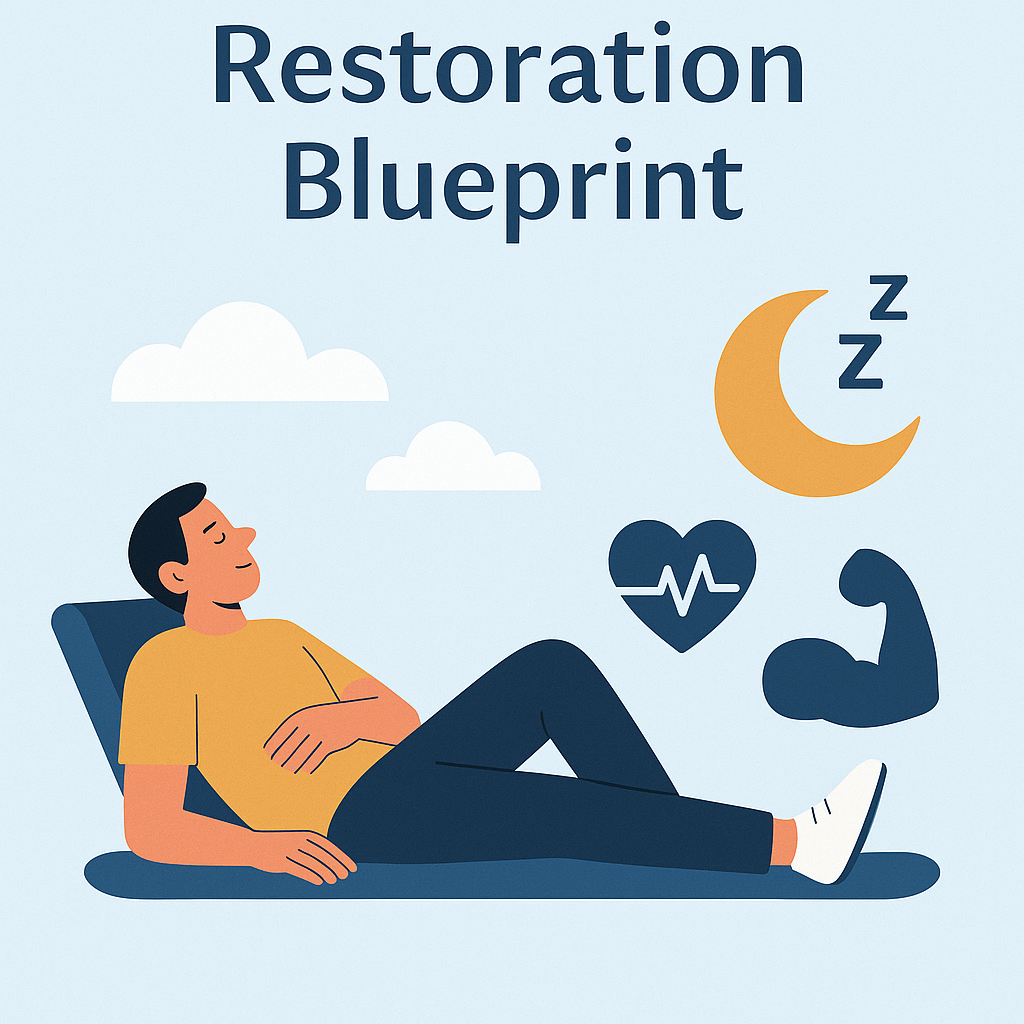 Illustration of a man resting on a mat with sleep, heart health and recovery icons, representing the Recovery & Restoration Blueprint.