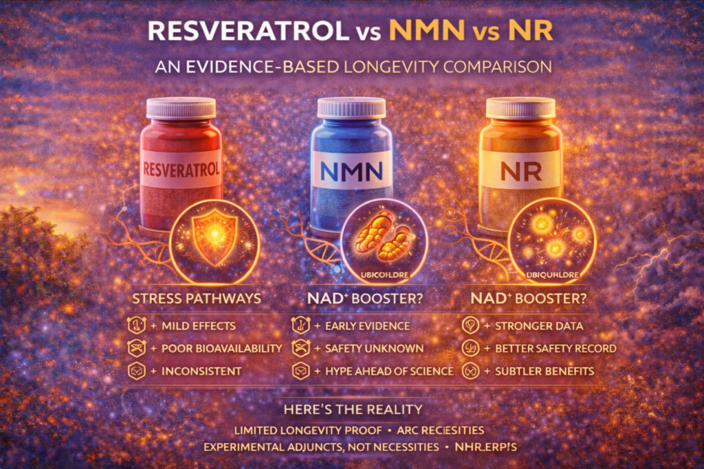 Resveratrol vs NMN vs NR comparison showing three supplements and their differing effects on longevity pathways and NAD⁺ support