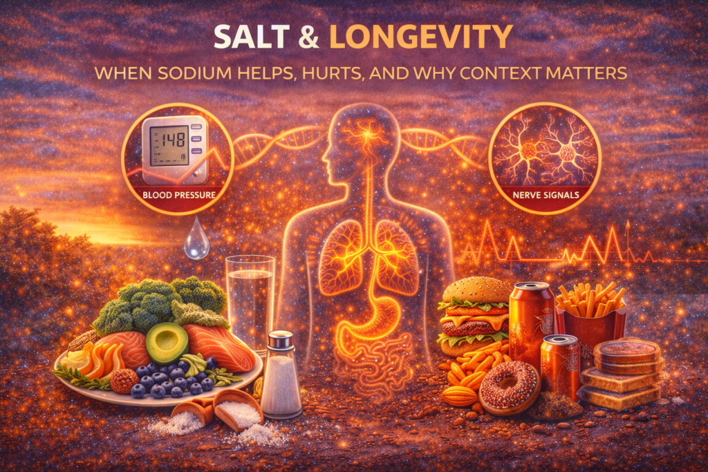 Salt and longevity illustrated through sodium balance, blood pressure, hydration, and whole-food diet context
