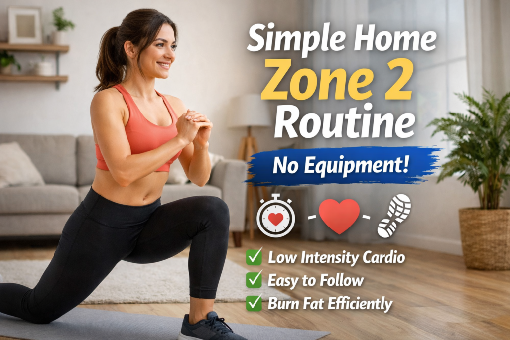 Woman performing a low-intensity Zone 2 lunge workout at home with text reading ‘Simple Home Zone 2 Routine – No Equipment’.