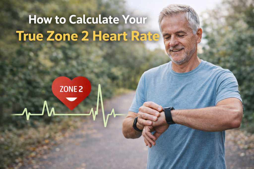 Older adult checking a smartwatch while jogging outdoors, with a Zone 2 heart rate graphic illustrating how to calculate true Zone 2 training intensity.