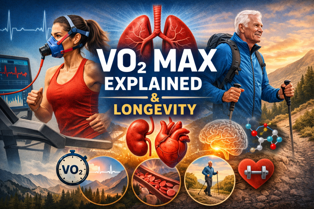 VO₂ max explained for longevity, showing aerobic fitness, heart and lung health across different ages