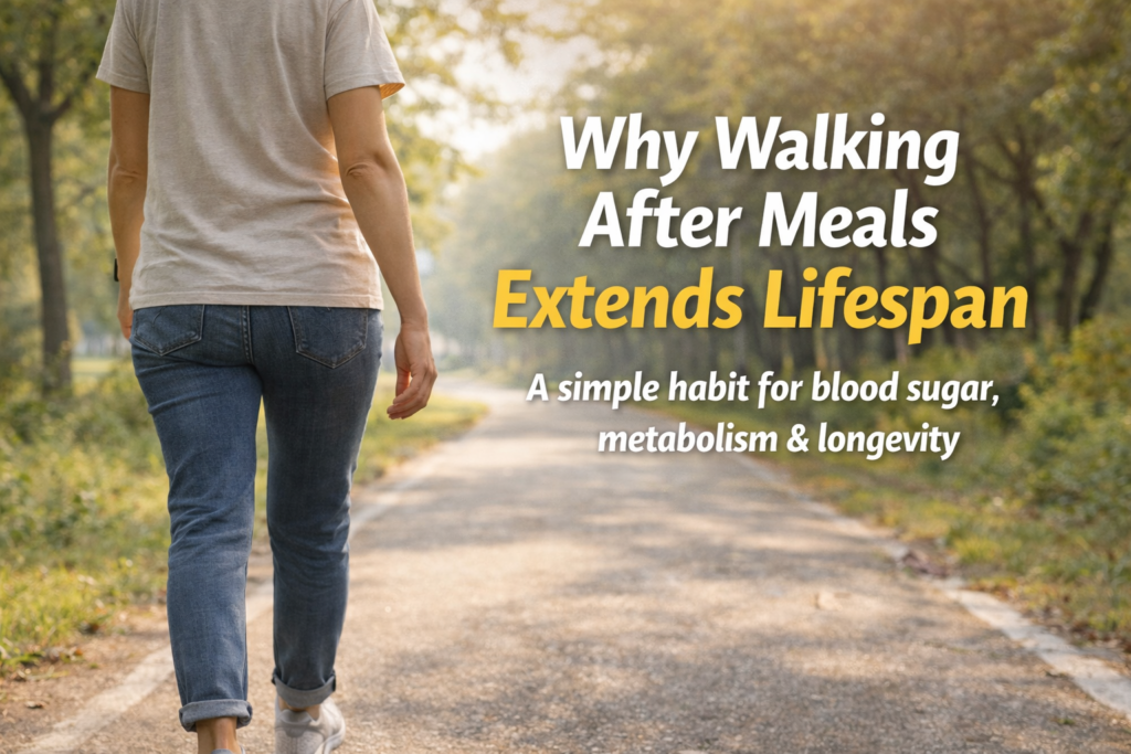 Person taking a relaxed walk outdoors after a meal with text reading ‘Why Walking After Meals Extends Lifespan
