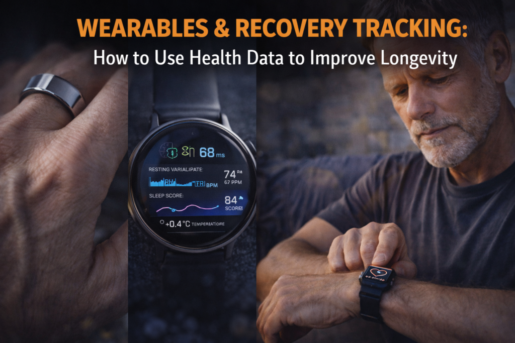 Wearables and recovery tracking showing a middle-aged man checking a smartwatch with heart rate, sleep score and HRV metrics displayed, illustrating how health data supports longevity.
