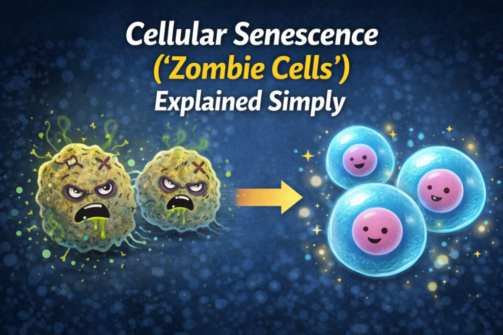 Illustration showing senescent ‘zombie cells’ contrasted with healthy cells, titled ‘Cellular Senescence (“Zombie Cells”) Explained Simply